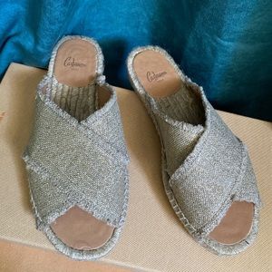 Castaner Womens Palmera Gold Canvas Slides Flat Espadrilles Shoes NIB